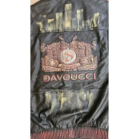 Rare Davoucci Leather Jacket Heavy Baggy Vintage Y2K Full Art Black Size XL